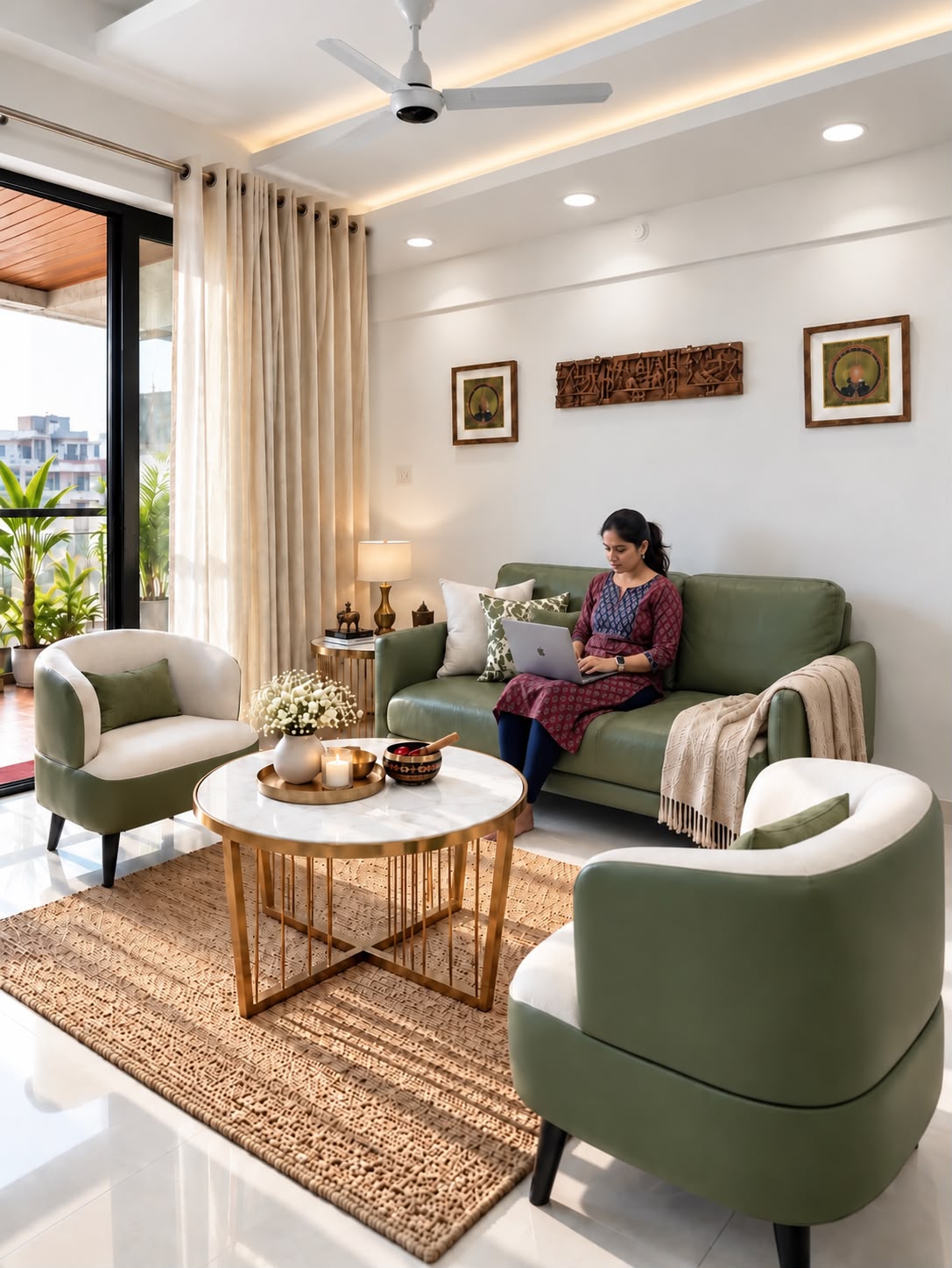 Client working comfortably on the olive green living room sofa